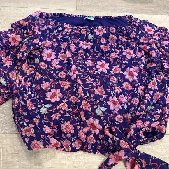 Cece Womens Floral Print Off-Shoulder Blouse With Tie Front M 100% Polyester Pur - Picture 2 of 7